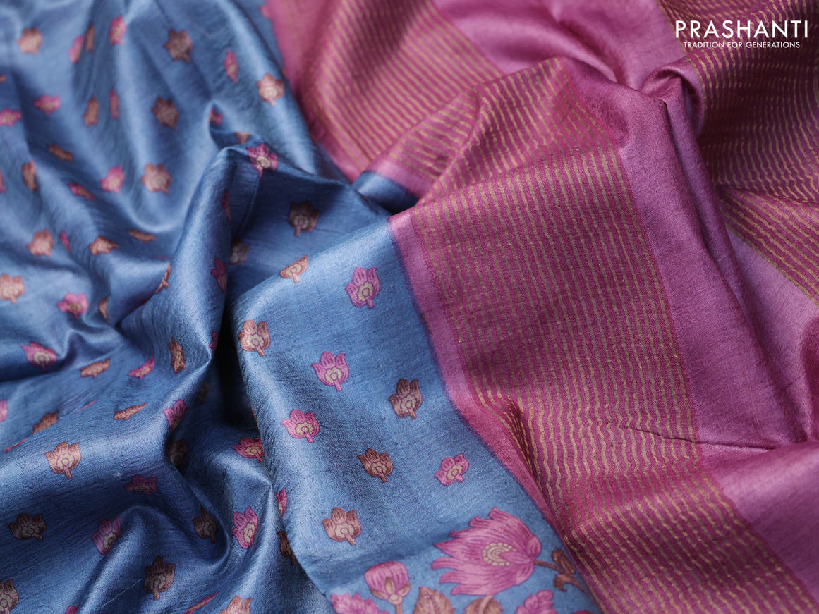 Pure tussar silk saree grey and mild purple with allover floral butta prints and zari woven border