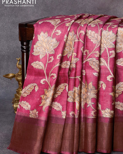 Pure tussar silk saree pastel maroon with allover kalamkari prints and zari woven border