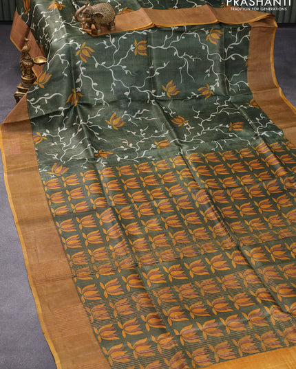 Pure tussar silk saree mehendi green and mustard yellow with allover prints and zari woven border