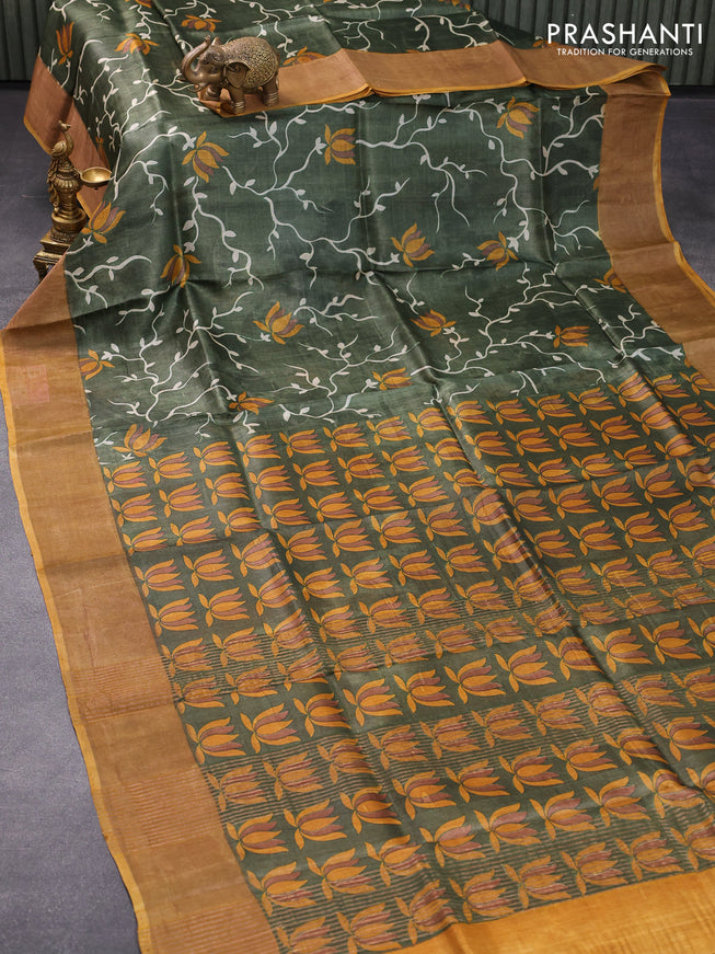Pure tussar silk saree mehendi green and mustard yellow with allover prints and zari woven border