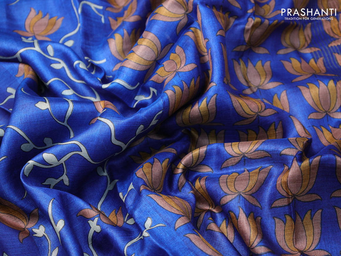 Pure tussar silk saree royal blue and brown with allover prints and zari woven border