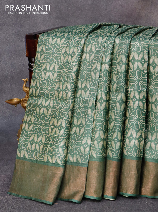 Pure tussar silk saree green shade with allover geometric prints and zari woven border