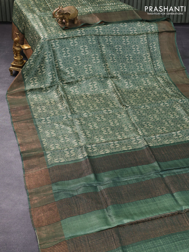 Pure tussar silk saree green shade with allover geometric prints and zari woven border