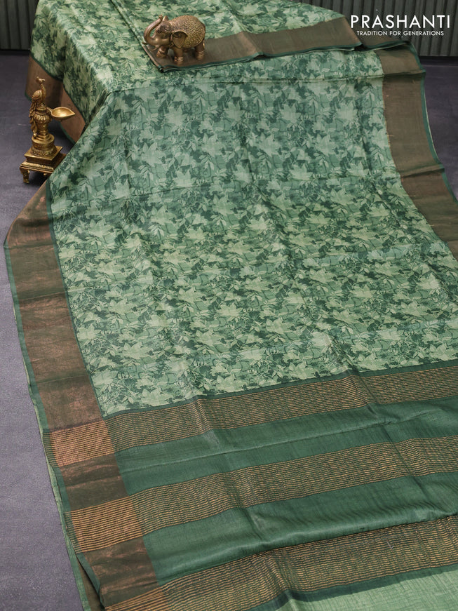 Pure tussar silk saree green with allover floral prints and zari woven border