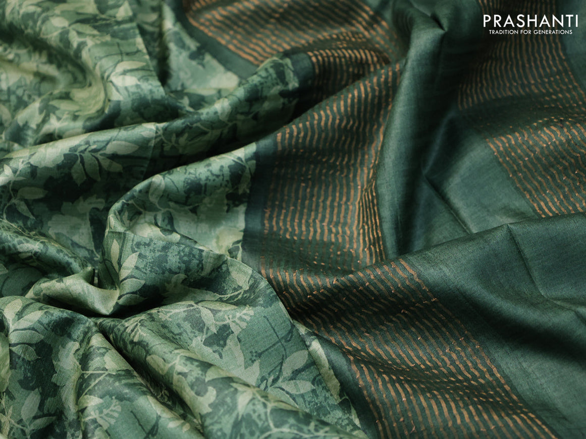 Pure tussar silk saree green with allover floral prints and zari woven border