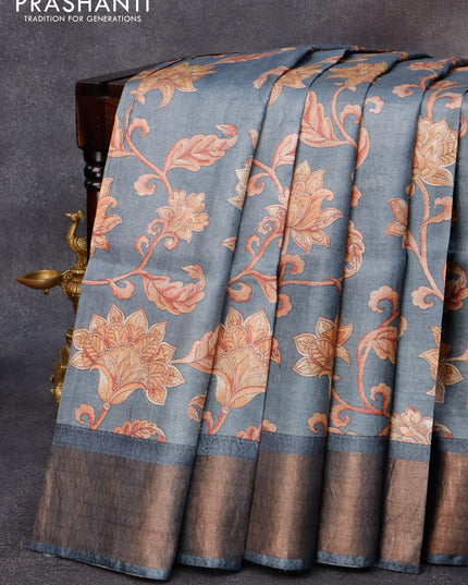 Pure tussar silk saree grey with allover kalamkari prints and zari woven border