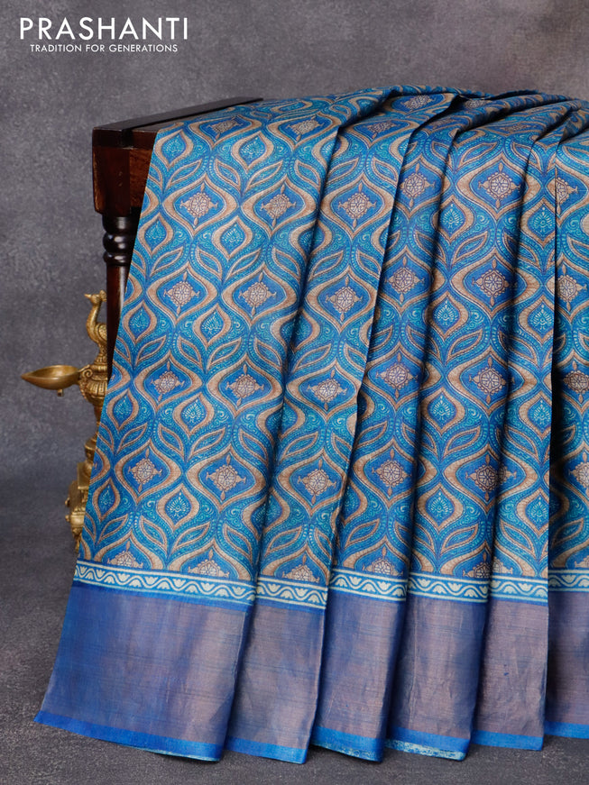 Pure tussar silk saree blue and grey shade with allover prints and zari woven border