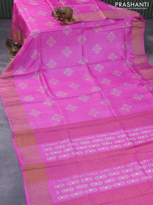 Pure tussar silk saree pink with geometric butta prints and zari woven border