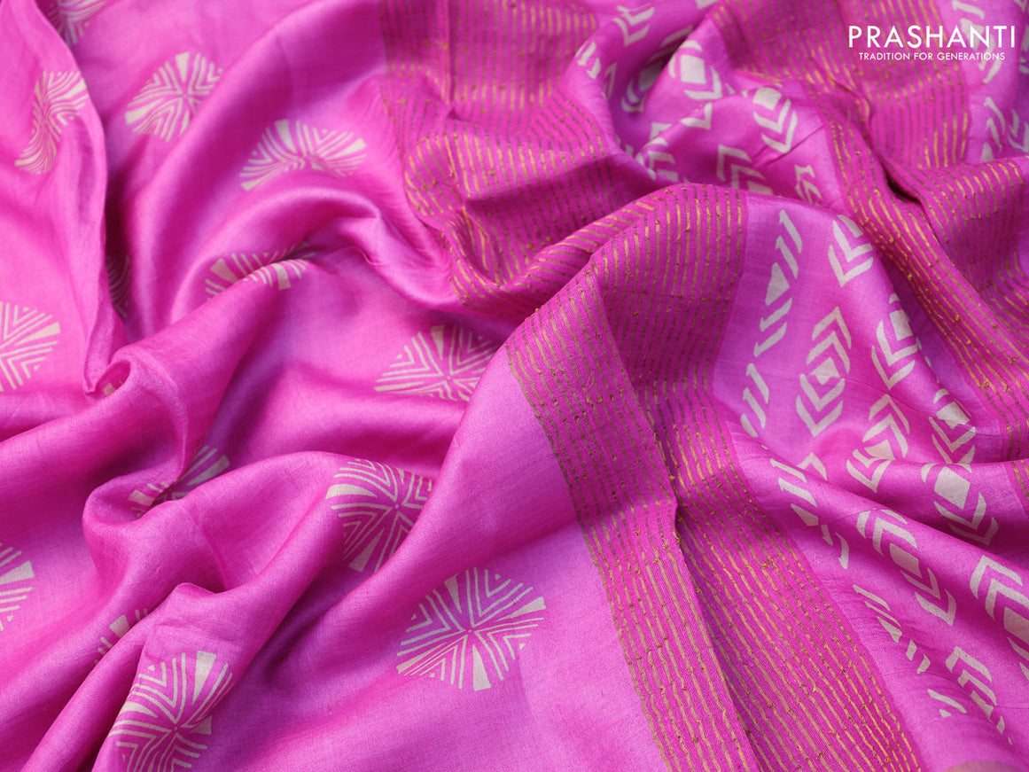 Pure tussar silk saree pink with geometric butta prints and zari woven border