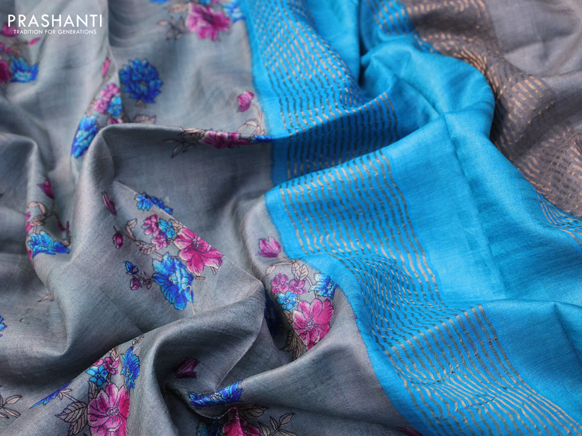 Pure tussar silk saree grey and blue with allover floral butta prints and zari woven border
