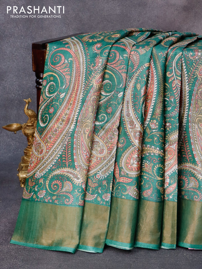 Pure tussar silk saree green with allover paisley prints and zari woven border