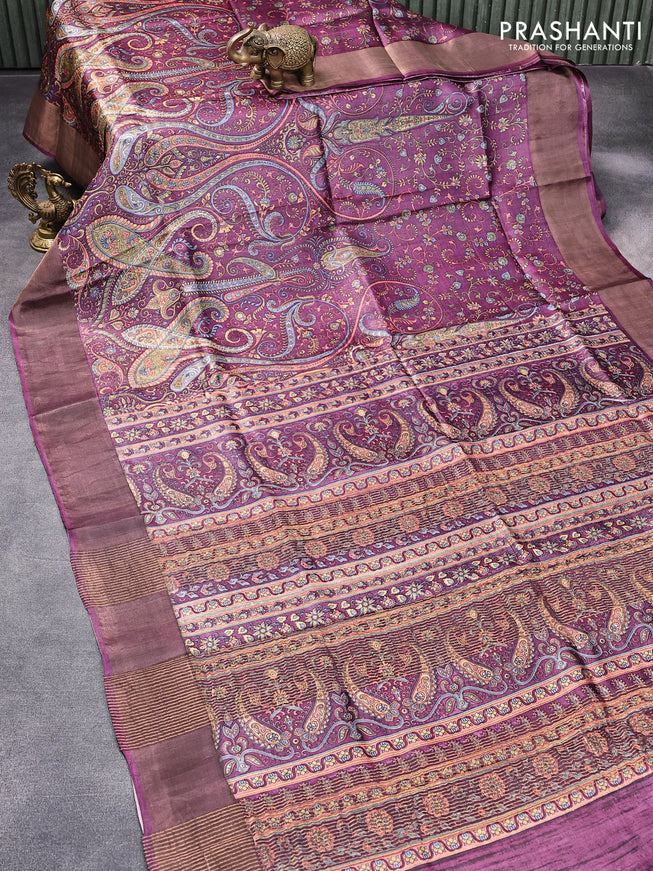 Pure tussar silk saree purple with allover paisley prints and zari woven border