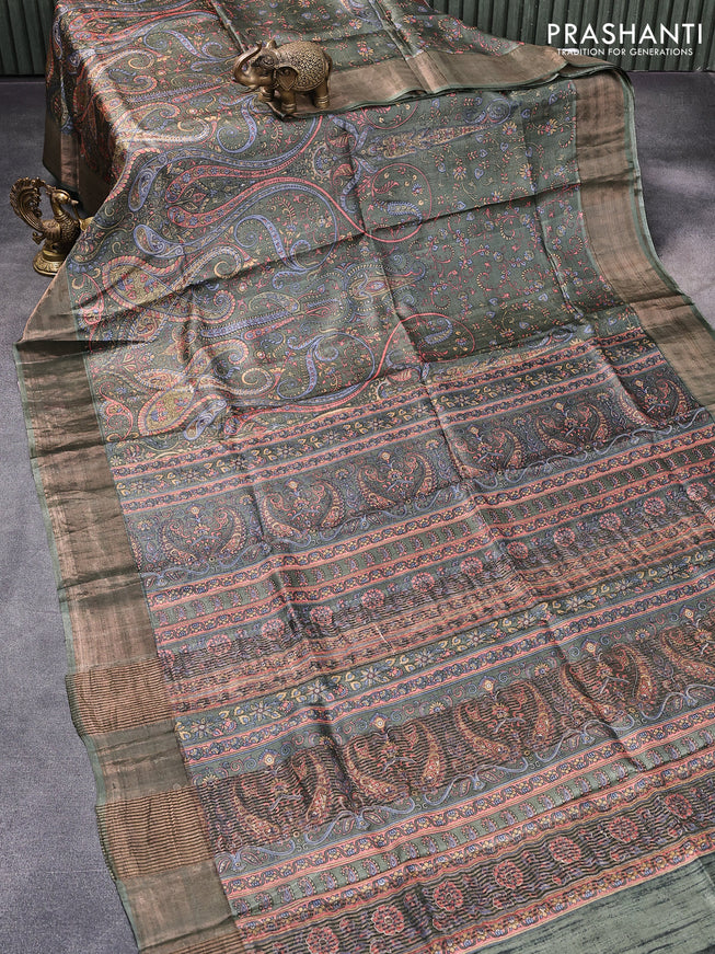 Pure tussar silk saree greyish green with allover paisley prints and zari woven border