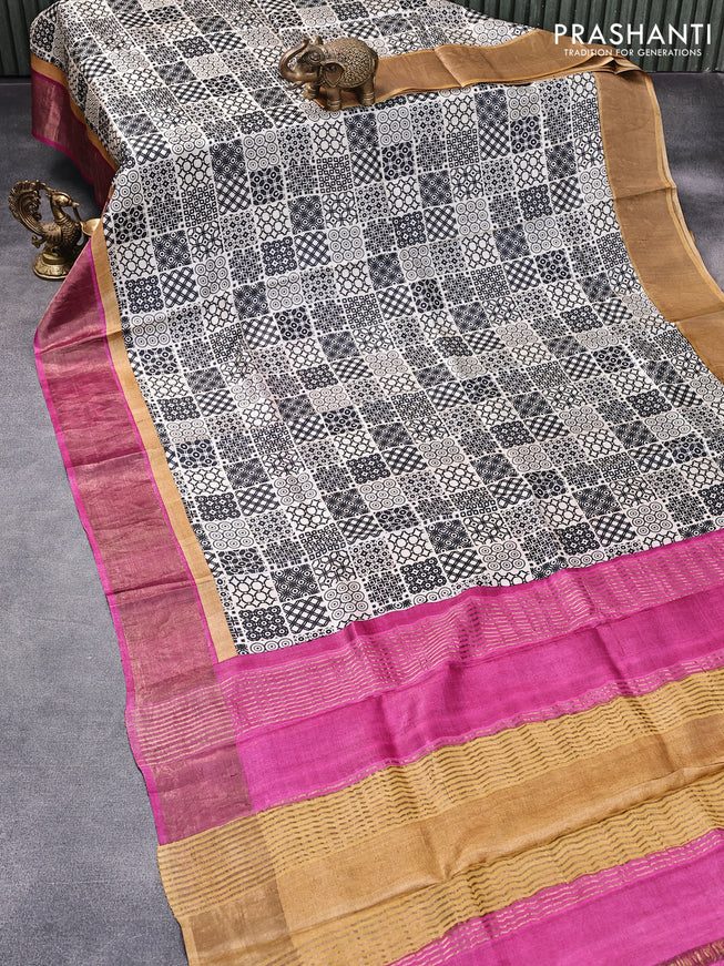 Pure tussar silk saree cream and pink with allover geometric prints and ganga jamuna zari woven border