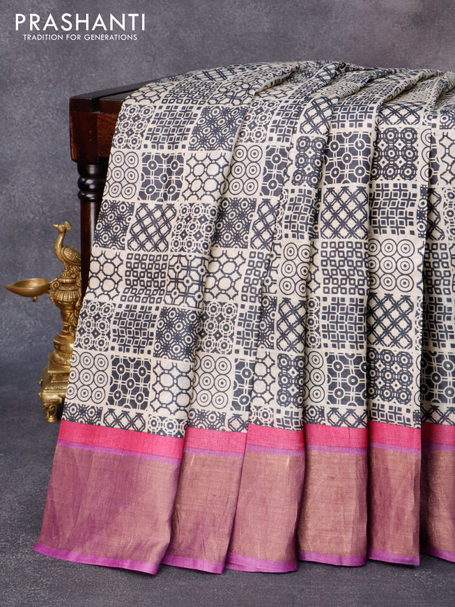 Pure tussar silk saree cream and lavender with allover geometric prints and zari woven border