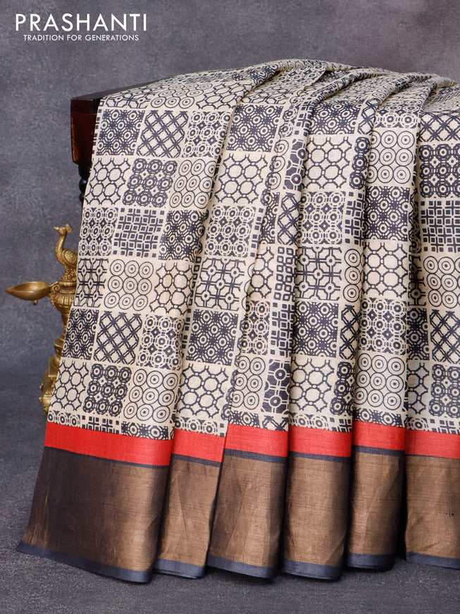 Pure tussar silk saree cream and elephant grey with allover geometric prints and zari woven border