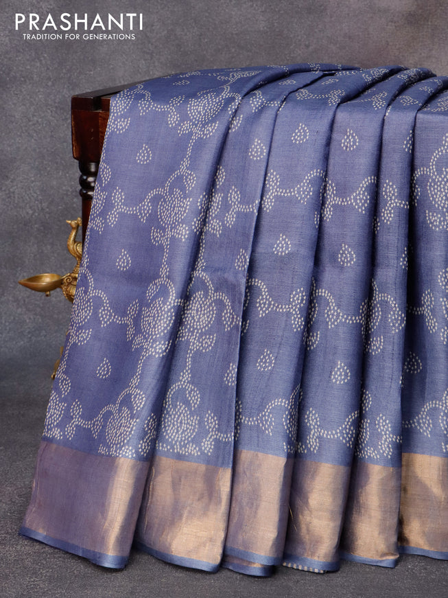Pure tussar silk saree greyish blue with allover prints and zari woven border