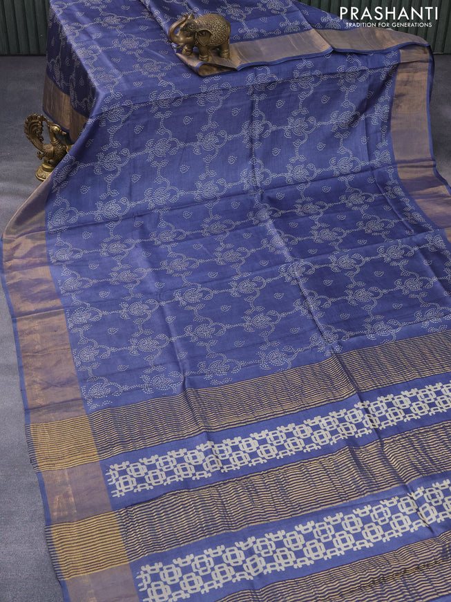 Pure tussar silk saree greyish blue with allover prints and zari woven border