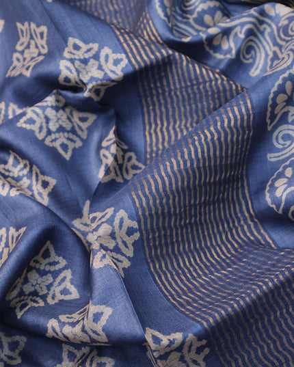Pure tussar silk saree blue shade with allover butta prints and zari woven border