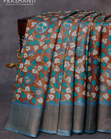 Pure tussar silk saree brown and blue with allover floral prints and zari woven border