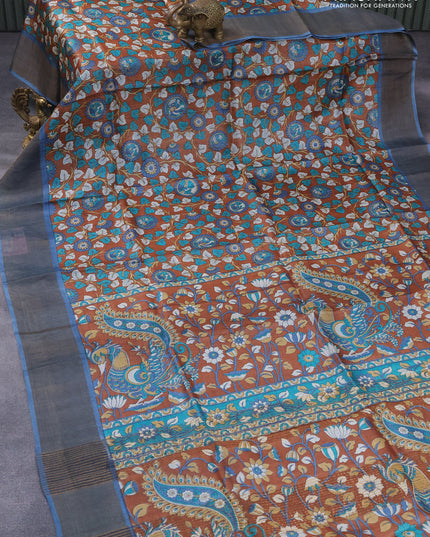 Pure tussar silk saree brown and blue with allover floral prints and zari woven border