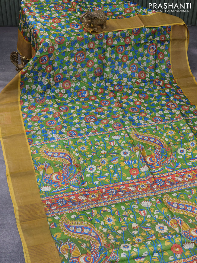 Pure tussar silk saree green and yellow with allover floral prints and zari woven border