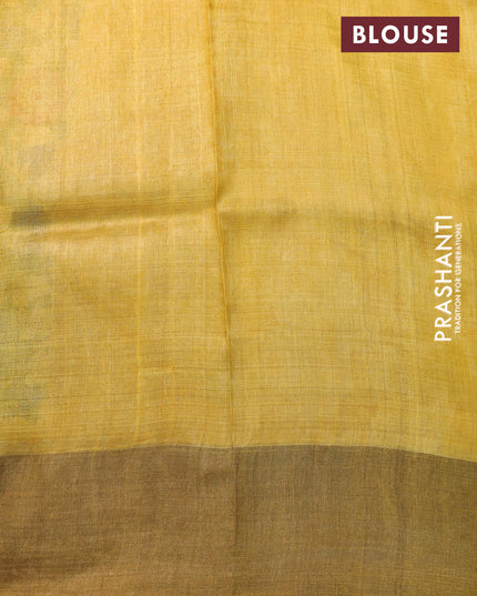 Pure tussar silk saree green and yellow with allover floral prints and zari woven border