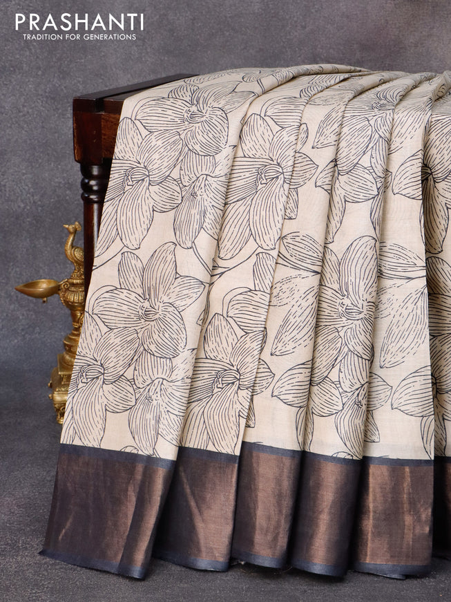 Pure tussar silk saree beige and elephant grey with allover floral prints and zari woven border
