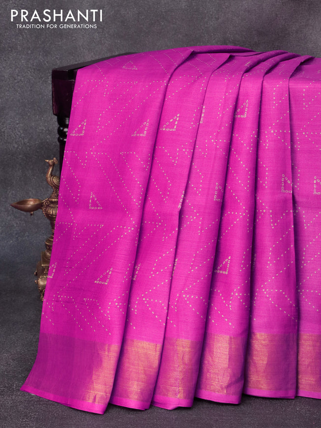 Pure tussar silk saree pink with allover prints and zari woven border