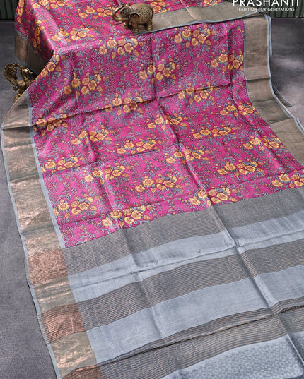 Pure tussar silk saree magenta pink and grey with allover floral prints and zari woven border
