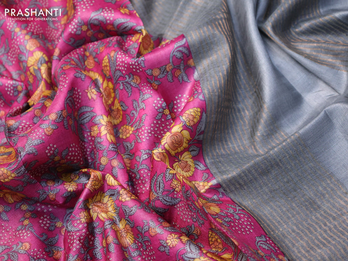 Pure tussar silk saree magenta pink and grey with allover floral prints and zari woven border