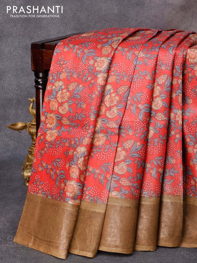 Pure tussar silk saree red and dark brown with allover floral prints and zari woven border