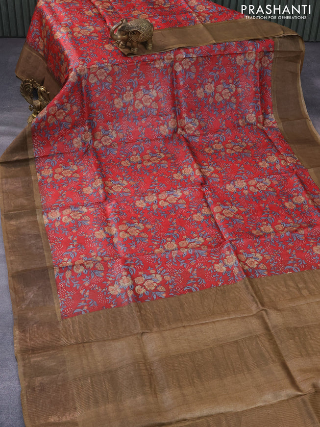 Pure tussar silk saree red and dark brown with allover floral prints and zari woven border