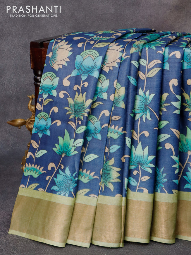 Pure tussar silk saree peacock blue and elaichi green with allover kalamkari prints and zari woven border