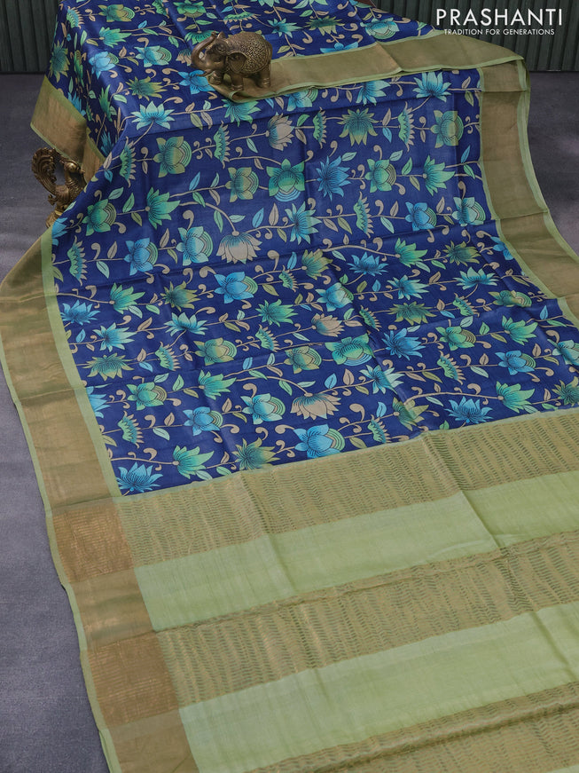 Pure tussar silk saree peacock blue and elaichi green with allover kalamkari prints and zari woven border