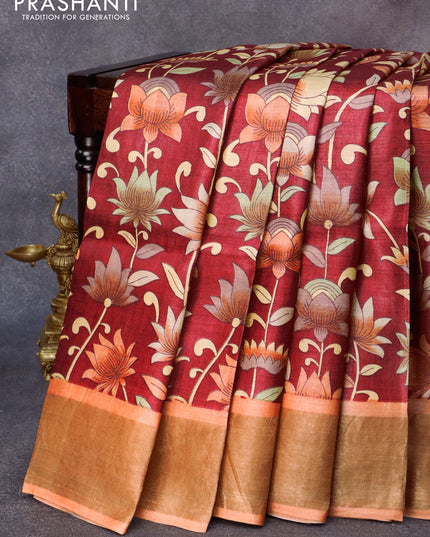 Pure tussar silk saree maroon and peach orange with allover kalamkari prints and zari woven border