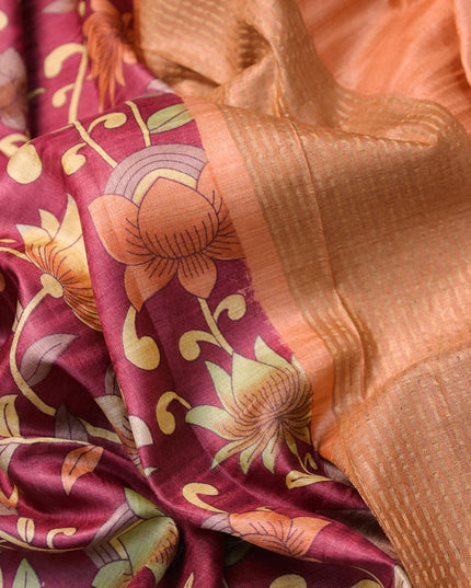 Pure tussar silk saree maroon and peach orange with allover kalamkari prints and zari woven border