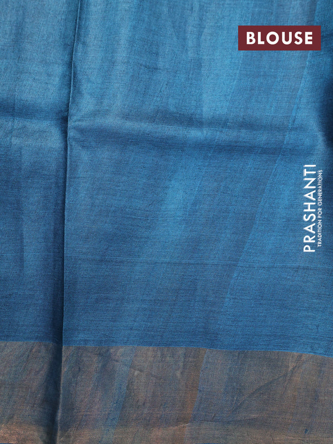 Pure tussar silk saree beige and peacock blue with allover prints and zari woven border