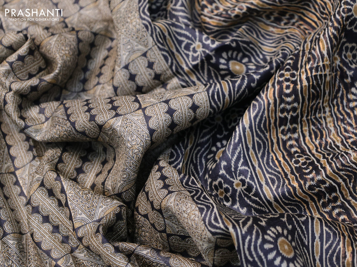 Pure tussar silk saree beige and elephant grey with allover prints and zari woven border