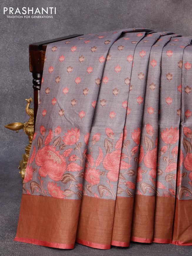 Pure tussar silk saree grey and maroon with allover floral butta prints and zari woven border