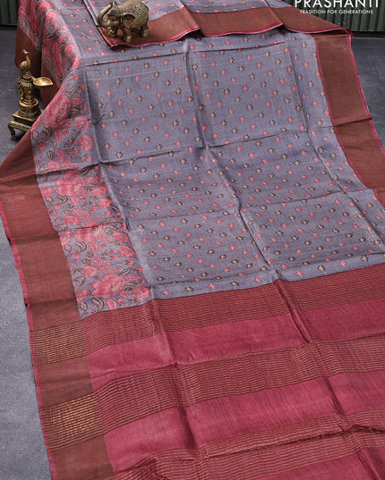 Pure tussar silk saree grey and maroon with allover floral butta prints and zari woven border