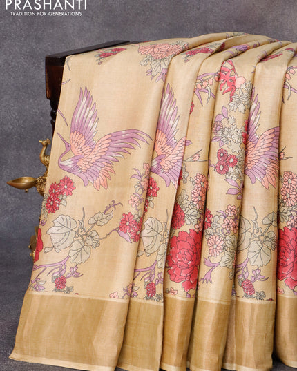Pure tussar silk saree beige with allover prints and zari woven border
