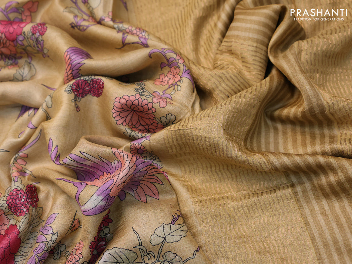 Pure tussar silk saree beige with allover prints and zari woven border