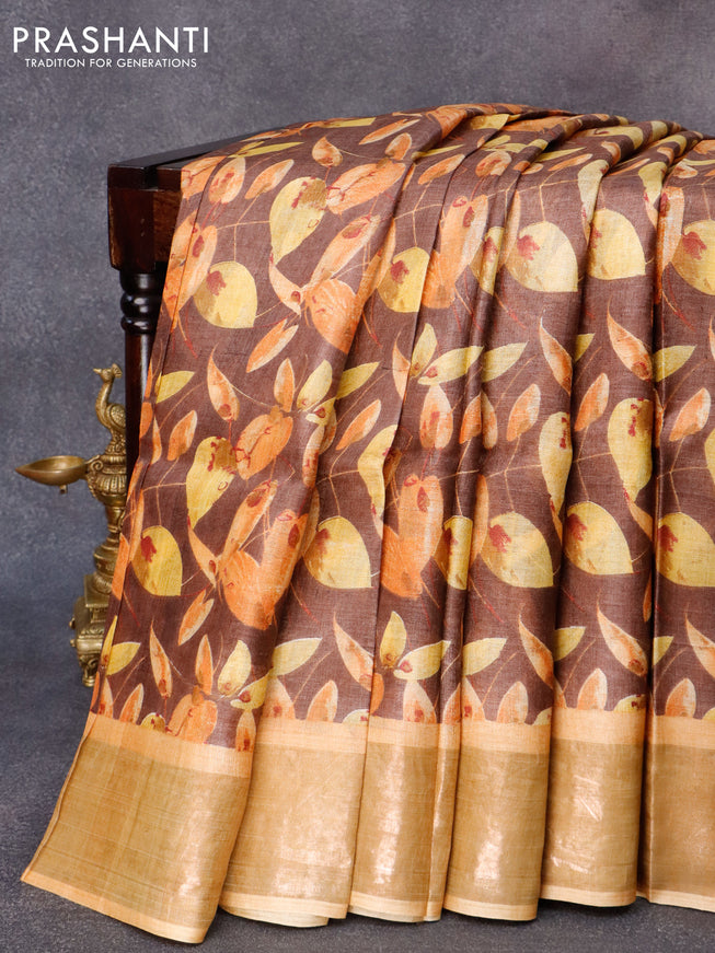 Pure tussar silk saree brown and sandal with allover leaf prints and zari woven border