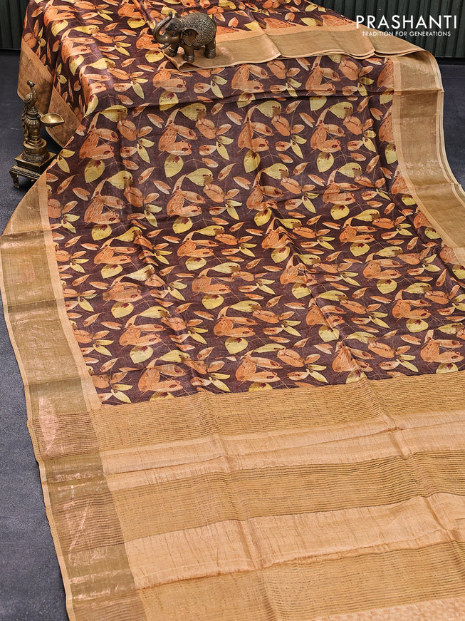 Pure tussar silk saree brown and sandal with allover leaf prints and zari woven border