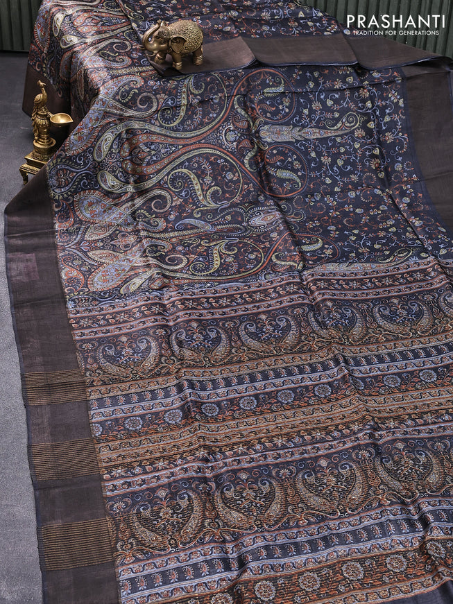 Pure tussar silk saree elephant grey with allover prints and zari woven border