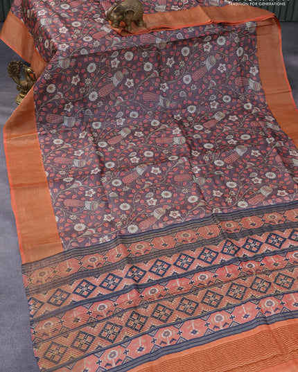 Pure tussar silk saree rosy brown and rustic orange with allover kalamkari prints and zari woven border