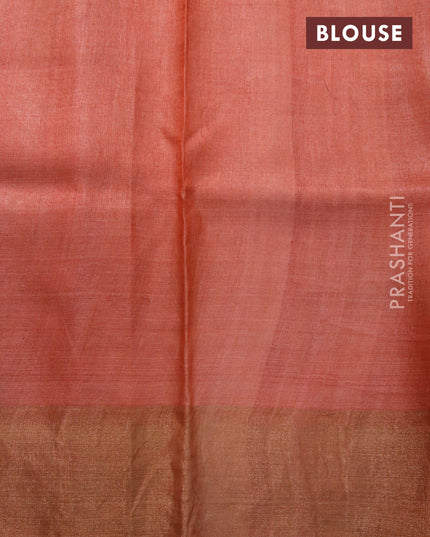 Pure tussar silk saree rosy brown and rustic orange with allover kalamkari prints and zari woven border