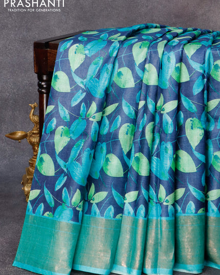 Pure tussar silk saree navy blue and teal blue with allover prints and zari woven border