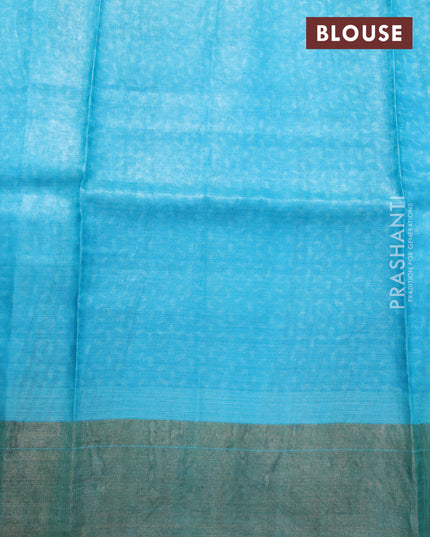 Pure tussar silk saree navy blue and teal blue with allover prints and zari woven border